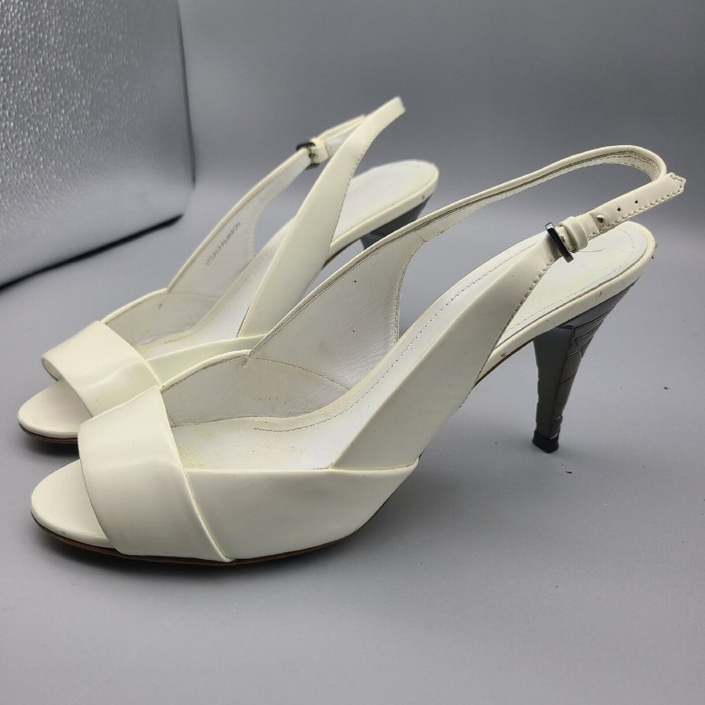 Burberry VTG Heels Women Sandals Sz.38.5 Slingback Pump White Bone Patent Metal - Picture 2 of 11